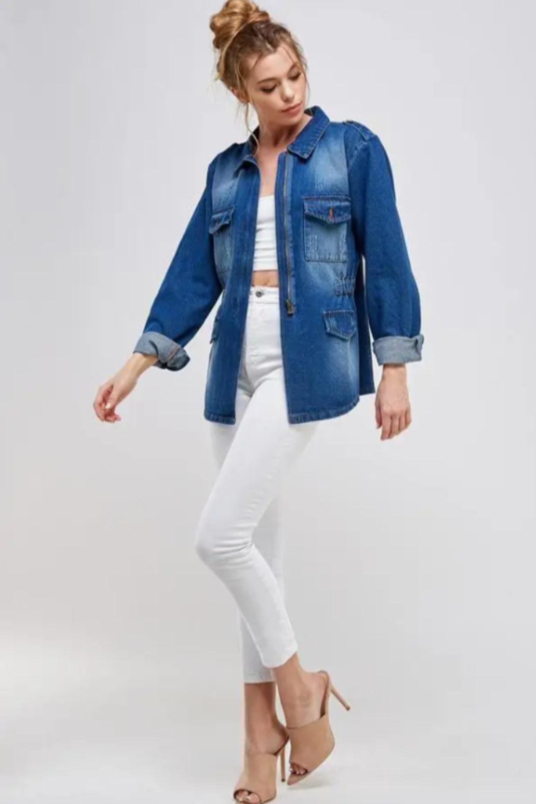 Women's Half Zipper Distressed Denim Jacket Product Image