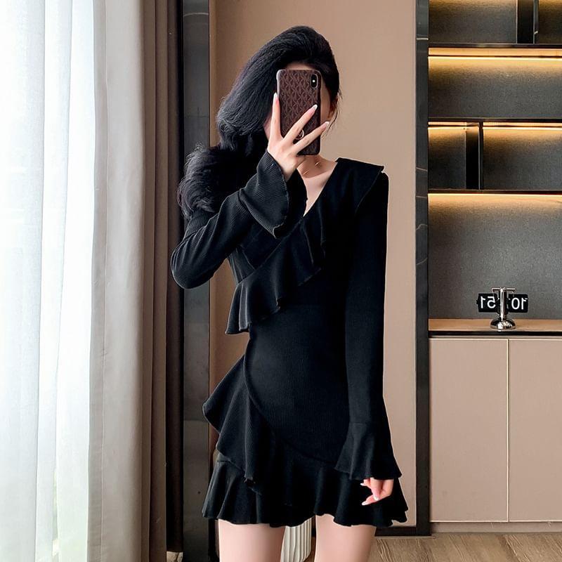 Long Sleeve V-Neck Plain Ruffle Mini A-Line Wrap Dress Product Image