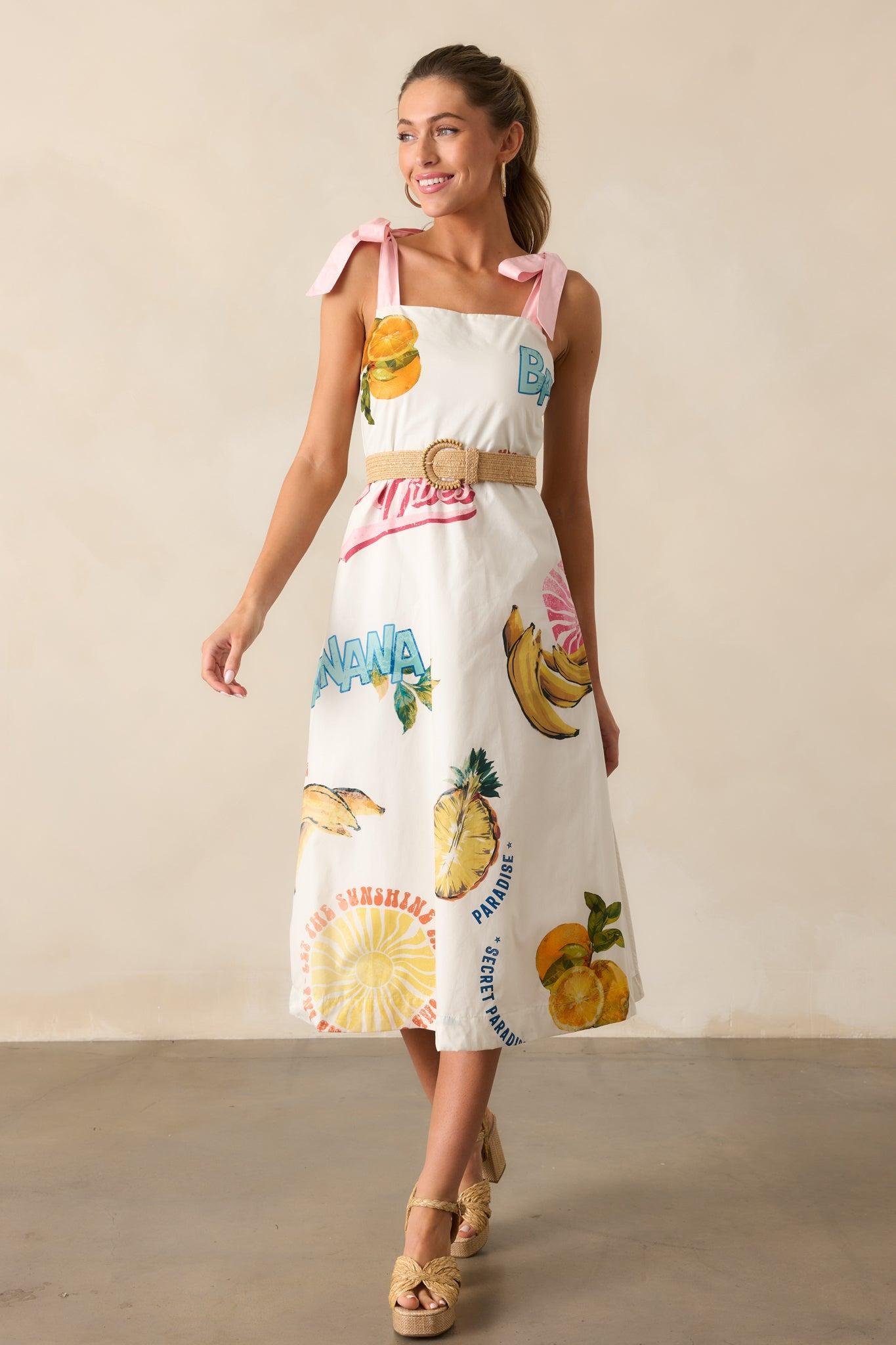 Take A Chance 100% Cotton Ivory Tropical Fruit Print Midi Dress Product Image