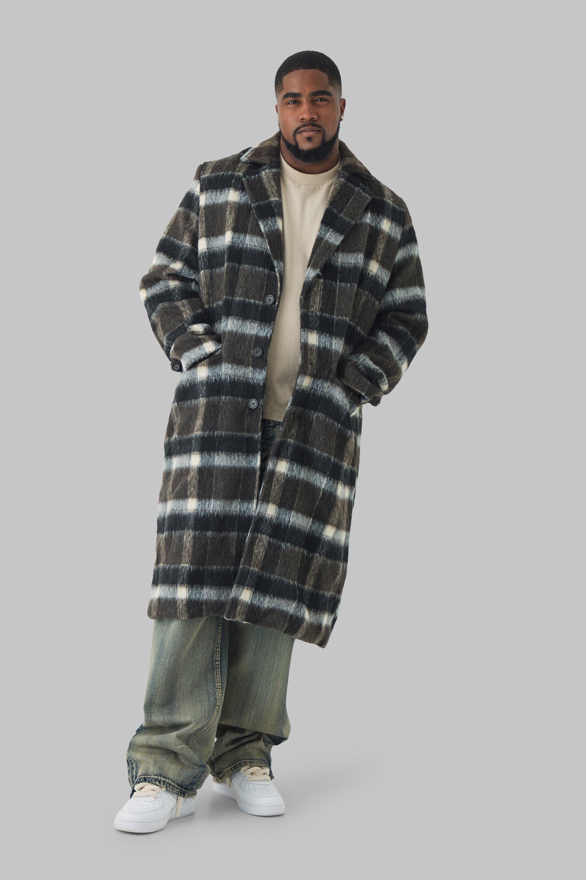 Plus Brushed Plaid Overcoat In Brown | boohooMAN USA Product Image