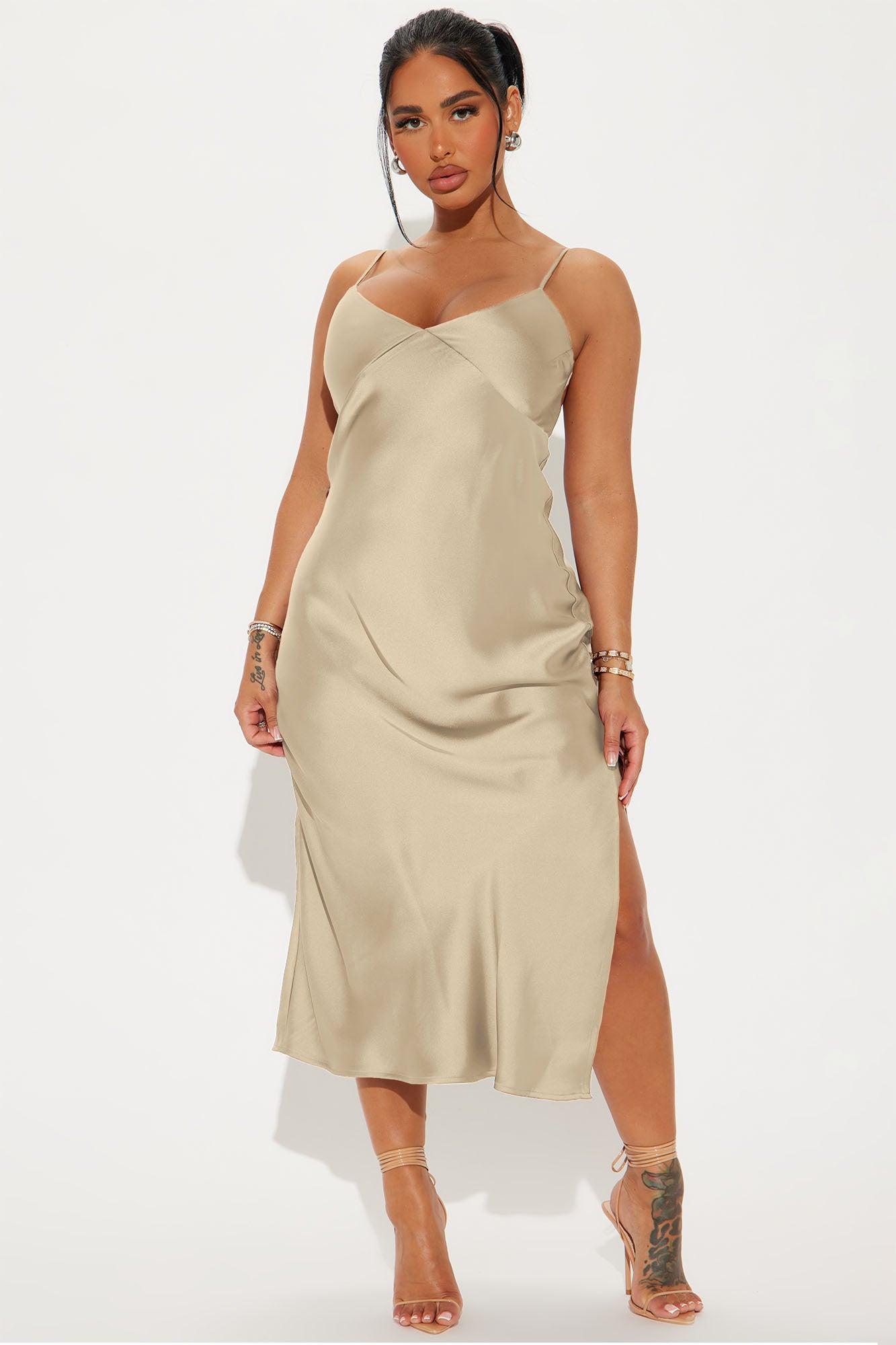 Draped in Satin Midi Dress - Taupe product image