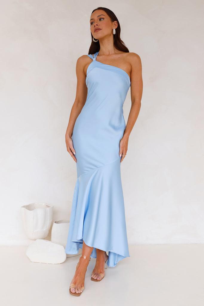 Romantic Affair Satin One Shoulder Maxi Dress Blue Product Image