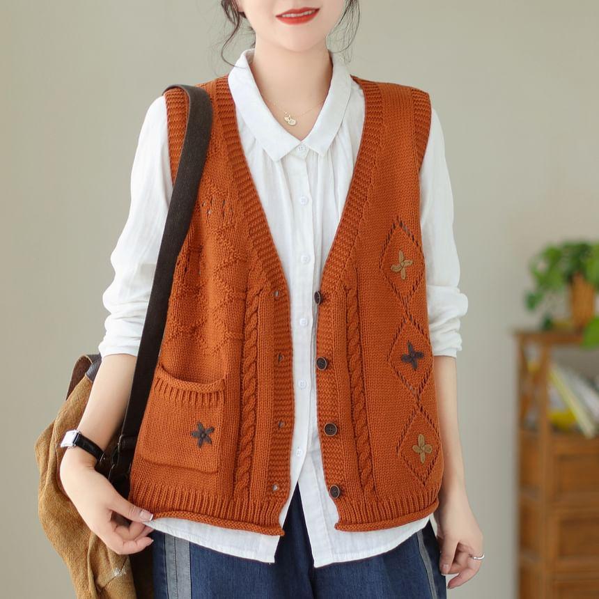 V-Neck Floral Embroidered Button Sweater Vest Product Image