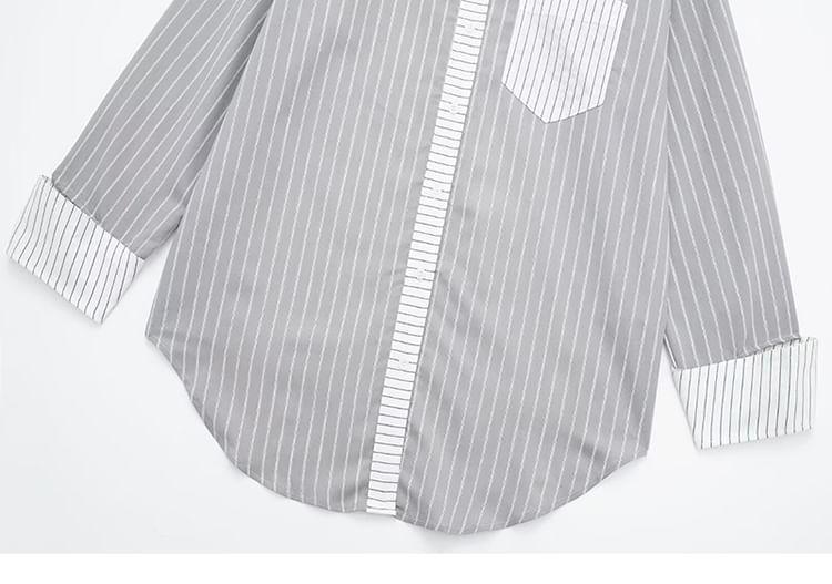 Long-Sleeve Striped Panel Button-Up Shirt Product Image