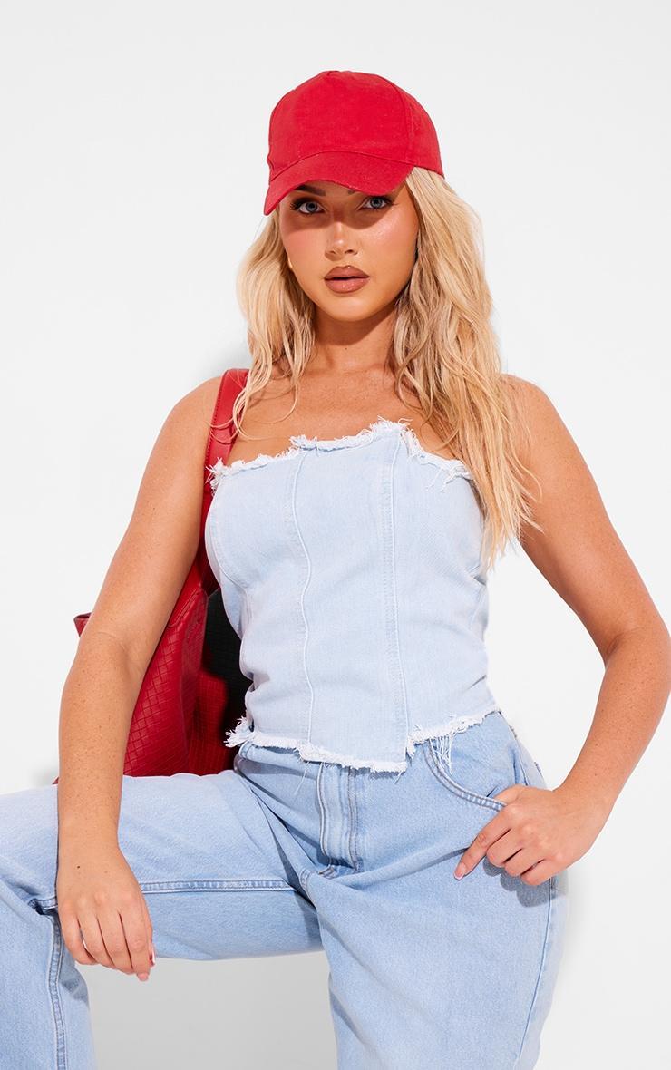 Light Blue Wash Seam Raw Hem Detail Denim Corset Top Product Image