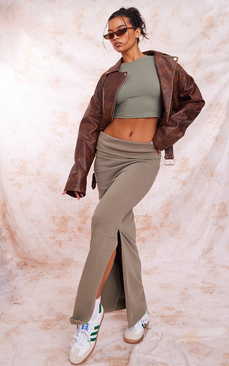 Khaki Acid Wash Cotton Fold Over Maxi Skirt Product Image