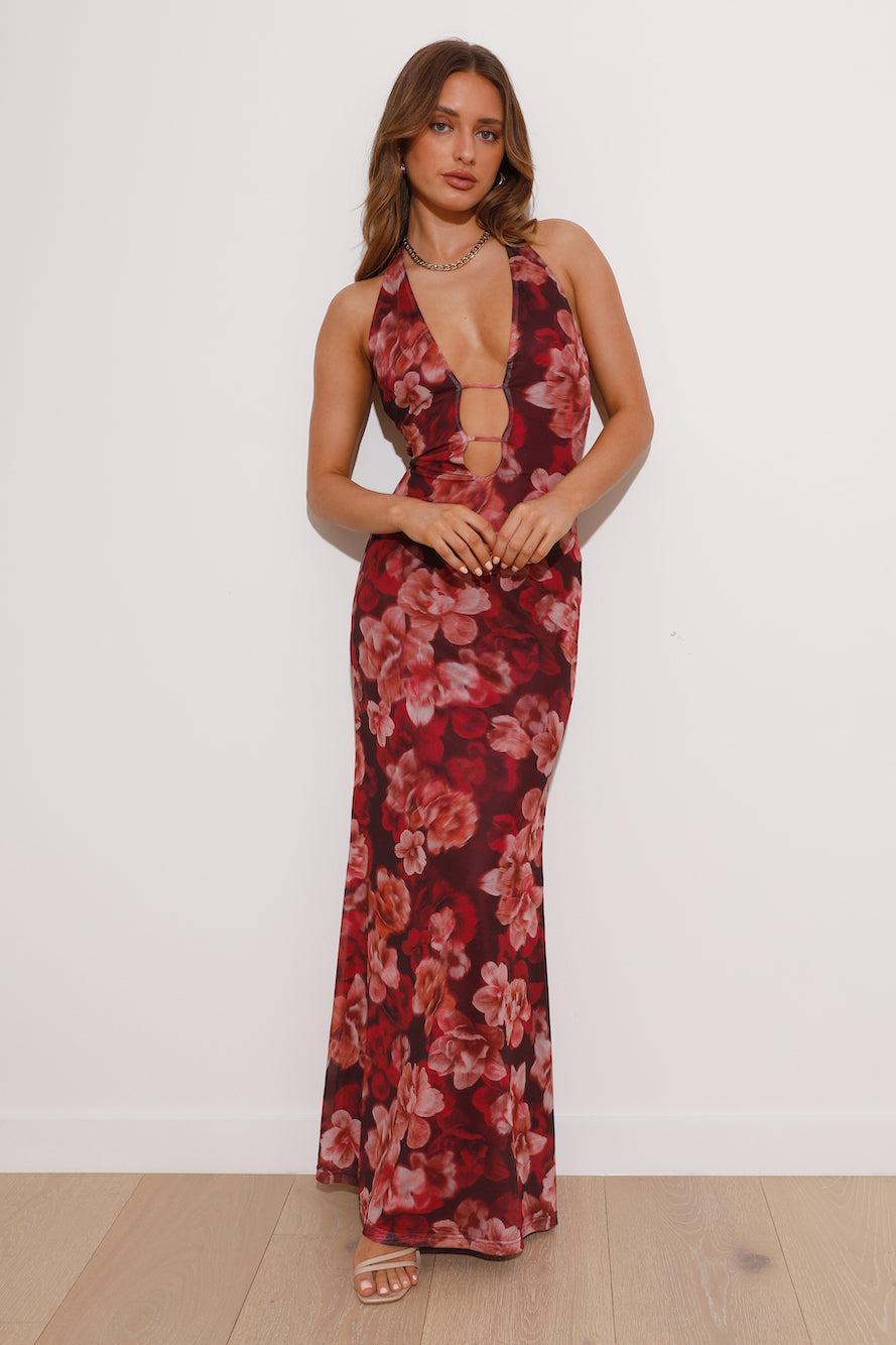 RUNAWAY Evalina Maxi Dress Wine Floral Product Image