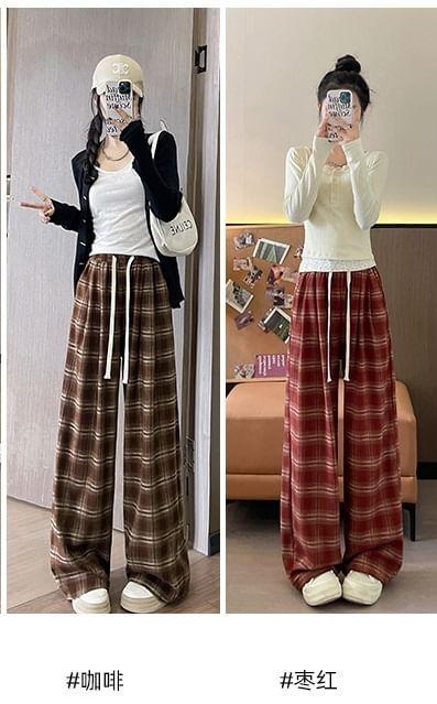 Drawstring Waist Plaid Wide Leg Pants Product Image