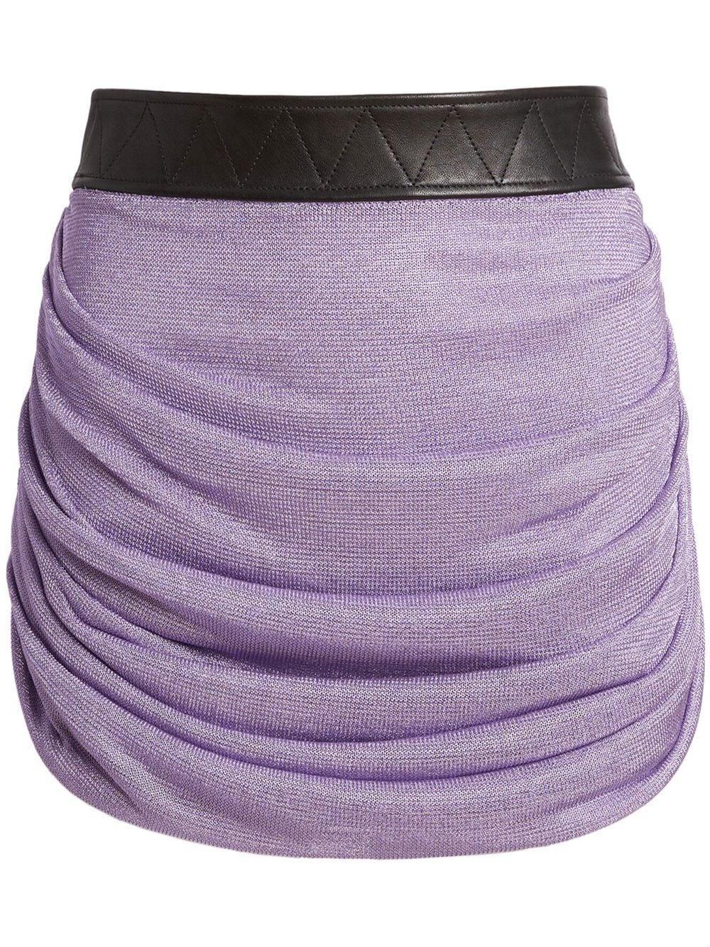 Draitton Leather-trimmed Ruched Metallic Knitted Mini Skirt In Grey Product Image