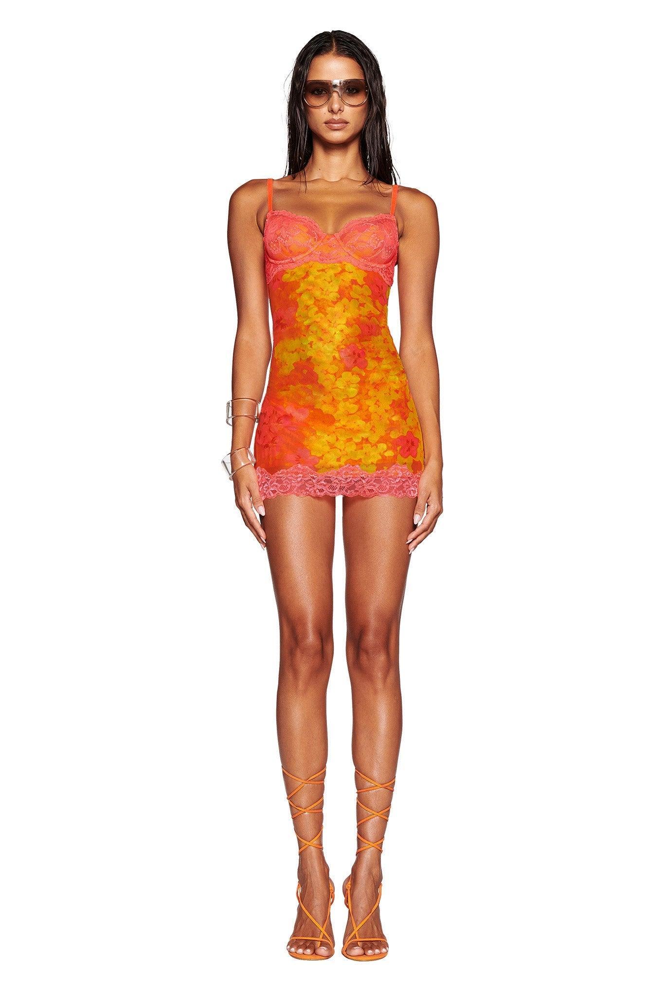 CALYPSO MINI DRESS - ORANGE : NEON FLORAL Product Image