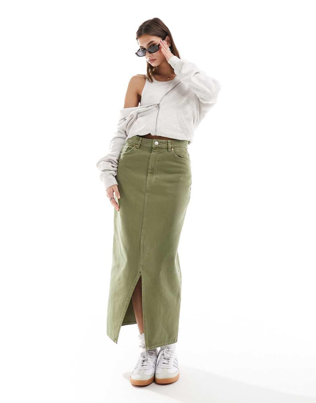 Monki denim midi skirt with slit in khaki green wash product image