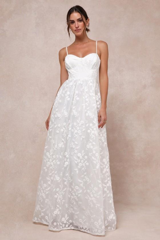 Ethereal Perfection White Organza Embroidered Bustier Maxi Dress Product Image