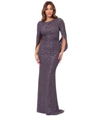 Betsy & Adam Womens Glitter-Lace Capelet Gown Product Image