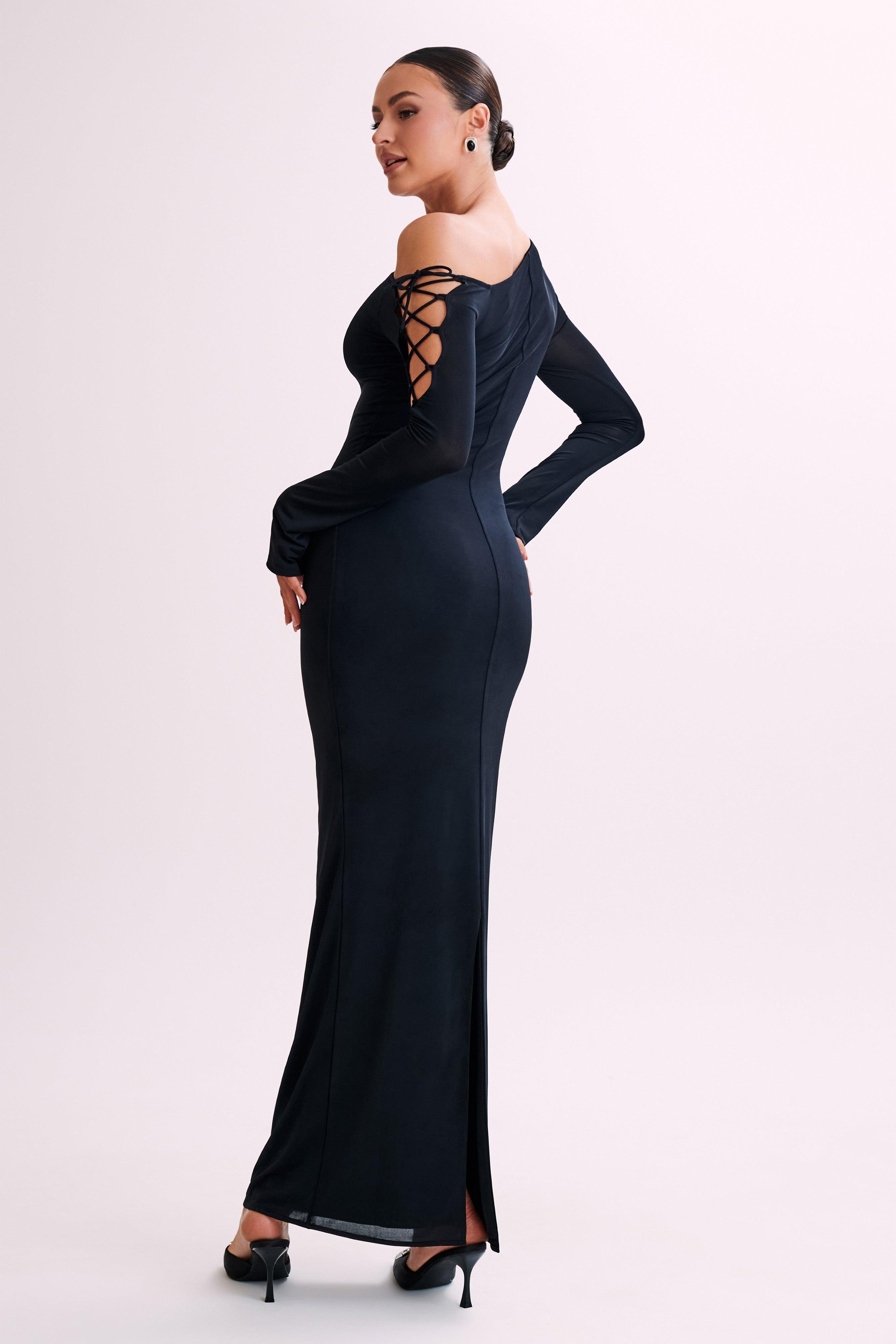 Gabby Tie Sleeve Slinky Maxi Dress - Black Product Image