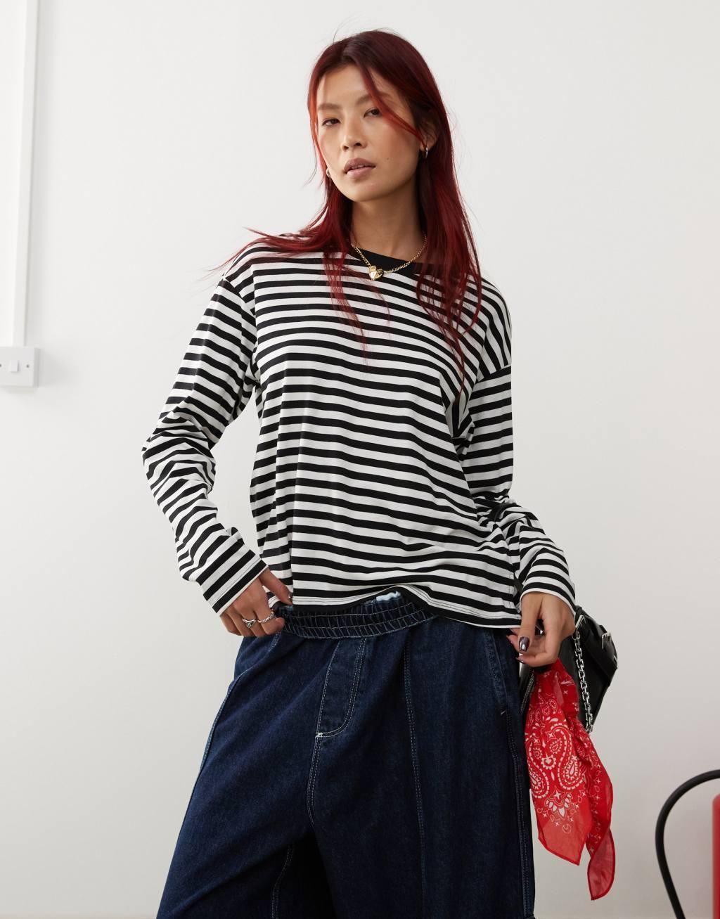 Monki long sleeve top in black and white stripe Product Image