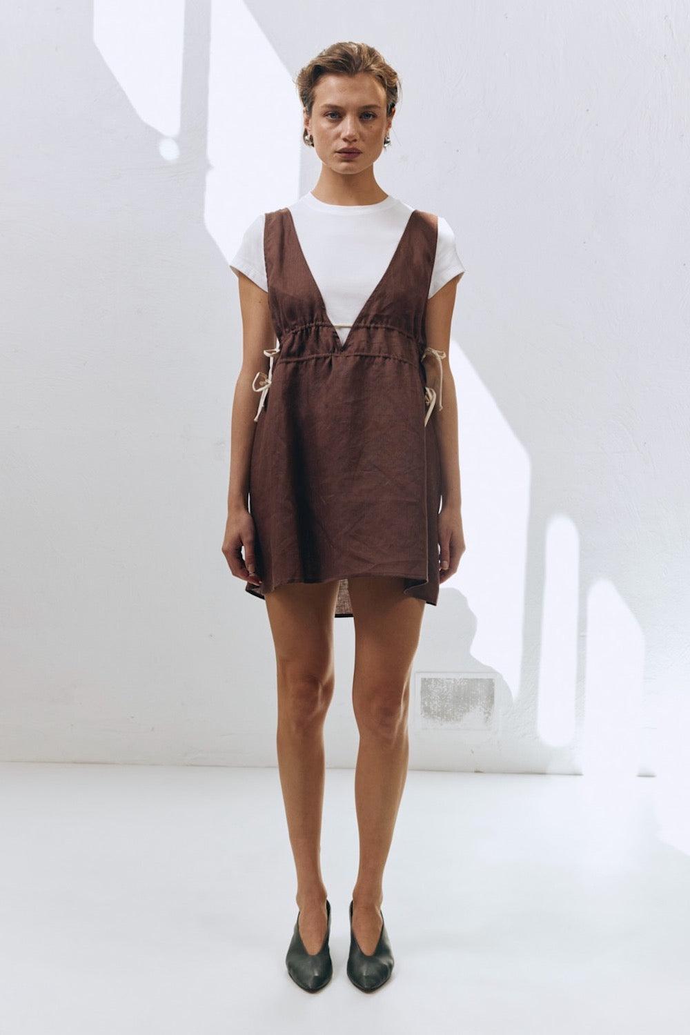 Paros Palms Linen Mini Dress Chocolate Product Image