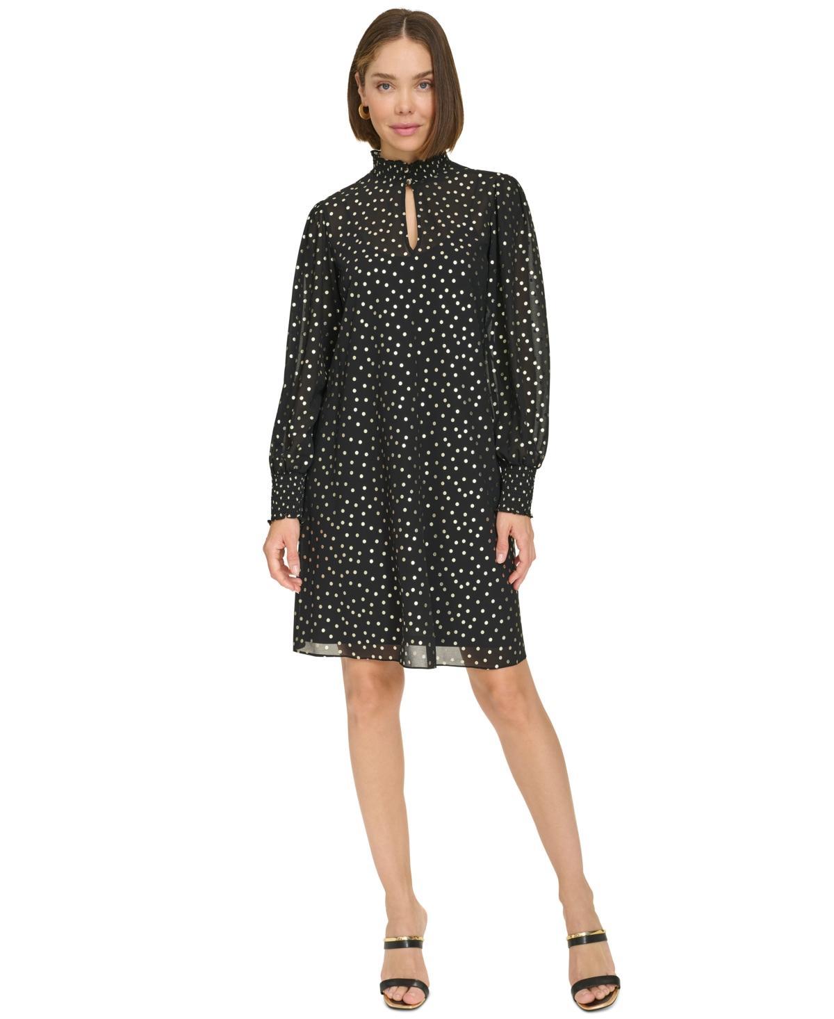 Tommy Hilfiger Womens Foil-Dot Chiffon Smocked-Trim Dress - Black product image