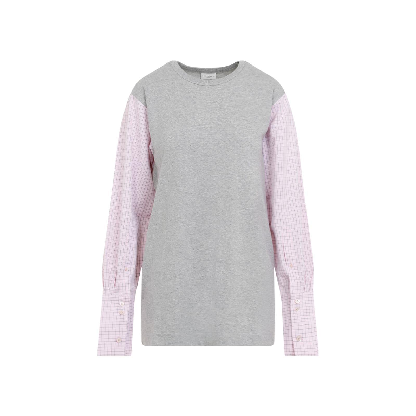 DRIES VAN NOTEN Womens Grey Melange Heos Contrast-sleeved Cotton-jersey T-shirt Product Image