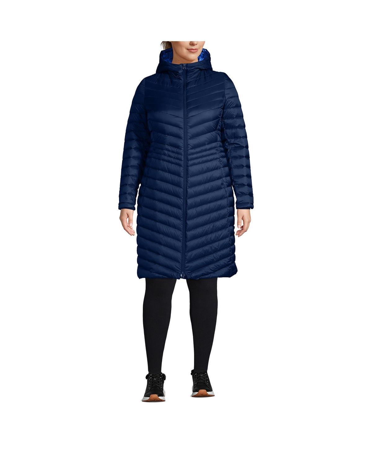 Plus Size Lands End Wanderweight Ultralight Packable Long Down Coat, Womens Deep Blue Product Image