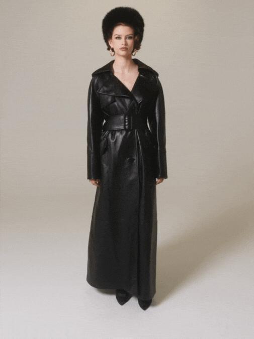 Cara Leather Trench Coat (Black) Product Image