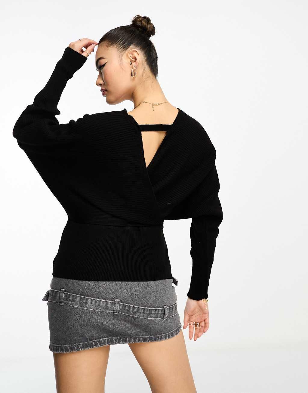 NaaNaa crossover batwing sleeve sweater in black Product Image