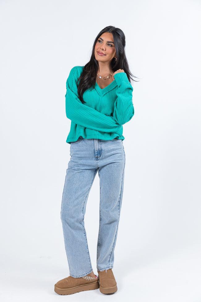 Living Right Seafoam Ribbed V-Neck Knit Top FINAL SALE Product Image