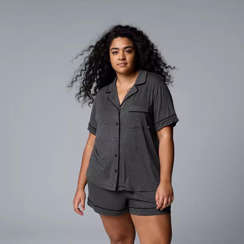 Plus Size Simply Vera Vera Wang Basic Luxury Short Sleeve Notch Pajama Top & Pajama Boxer Shorts Set, Womens Char Grey Product Image