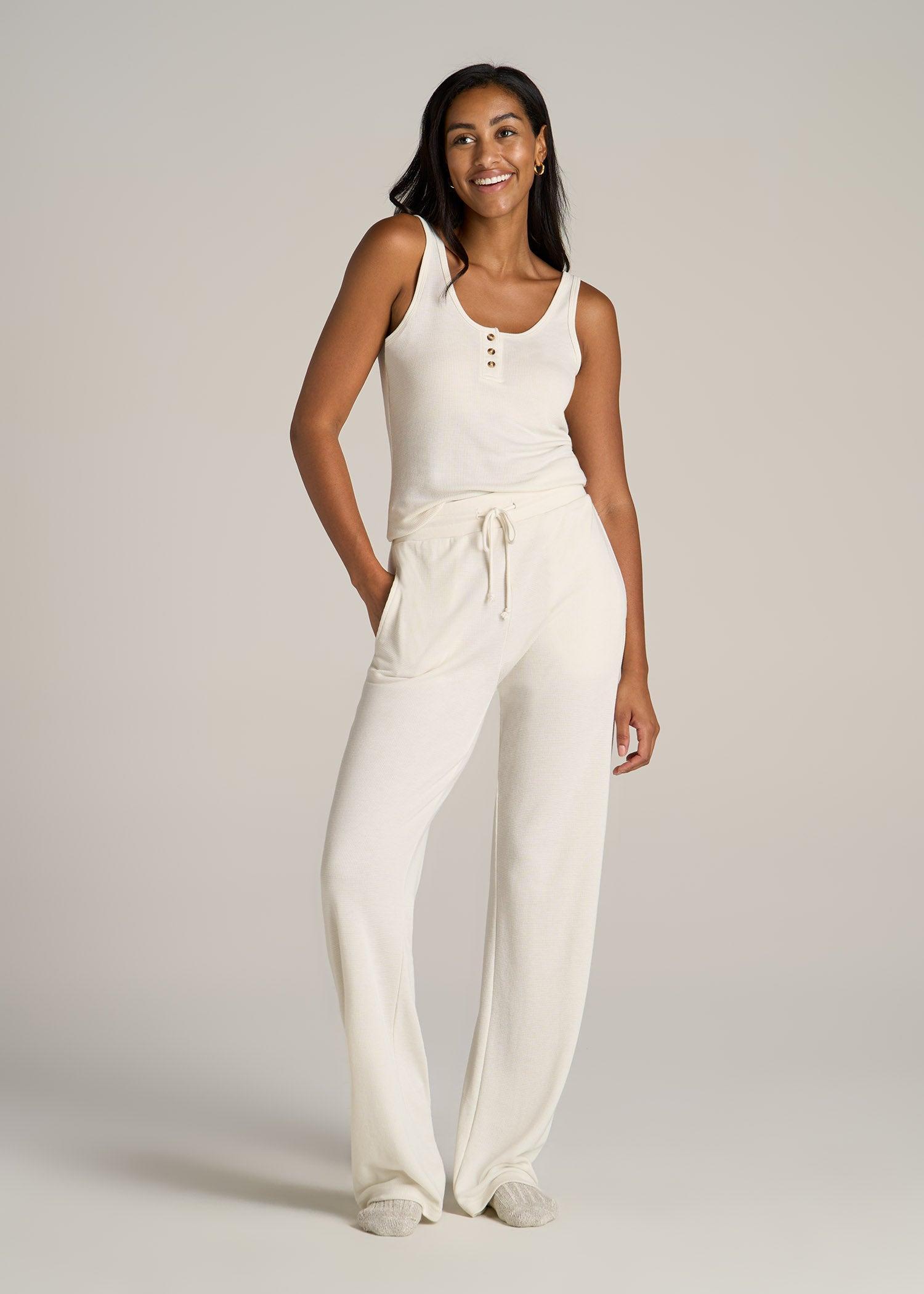 Open-Bottom Waffle Lounge Pants for Tall Women in White Alyssum Female Product Image