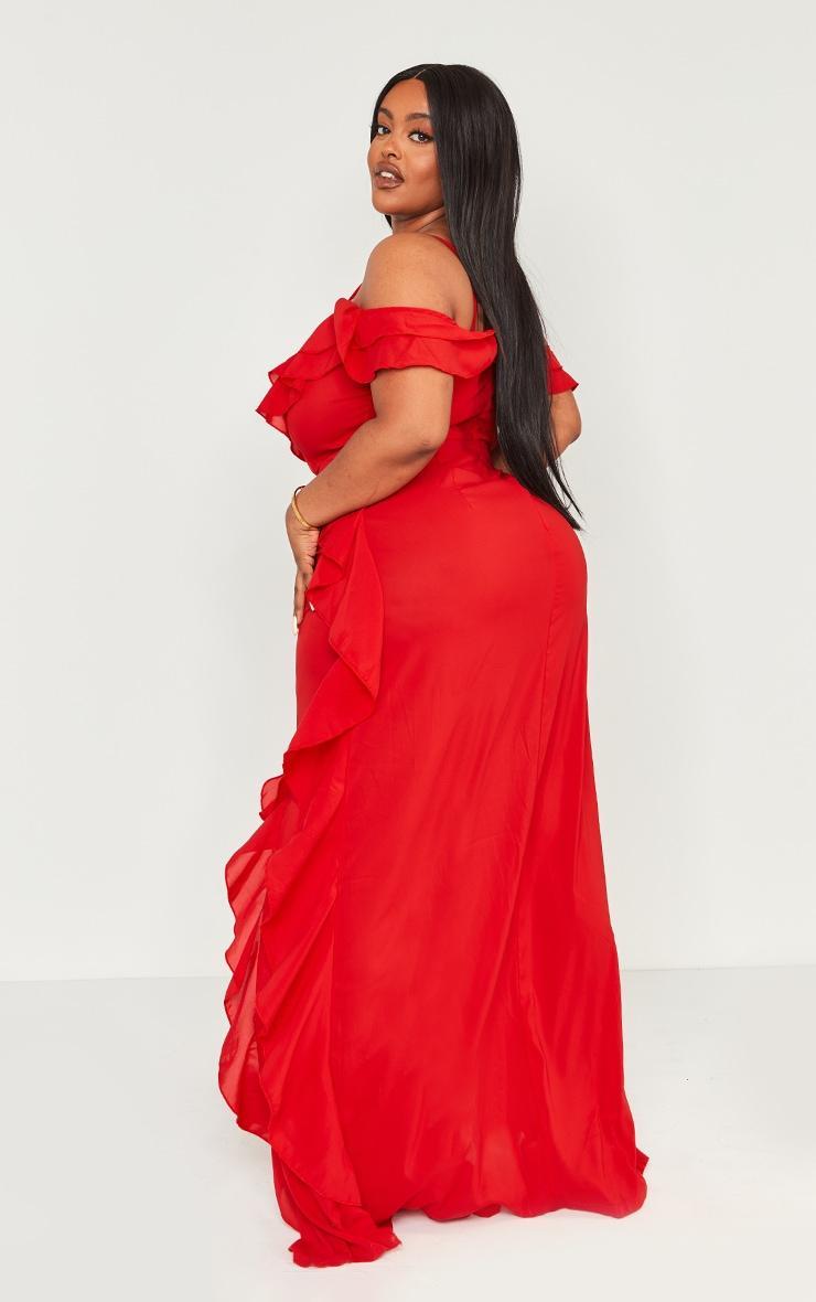 Plus Red Cold Shoulder Ruffle Detail Maxi Dress Product Image