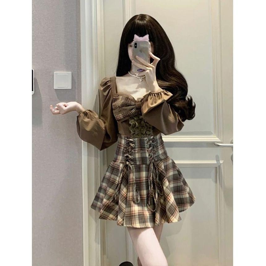 Long-Sleeve Square Neck Ruffle Blouse / High Waist Plaid Mini A-Line Skirt / Set Product Image