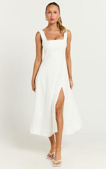 Walters Midi Dress - Square Neck Shirred Back Fit and Flare Panel Dress in White Product Image