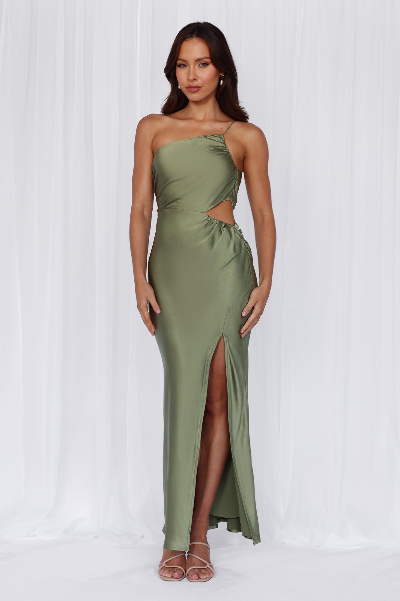 HELLO MOLLY The Opal One Shoulder Satin Maxi Dress Olive Product Image