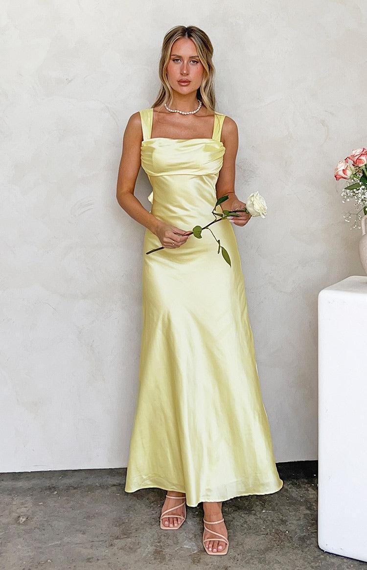 Laria Yellow Satin Formal Maxi Dress Product Image