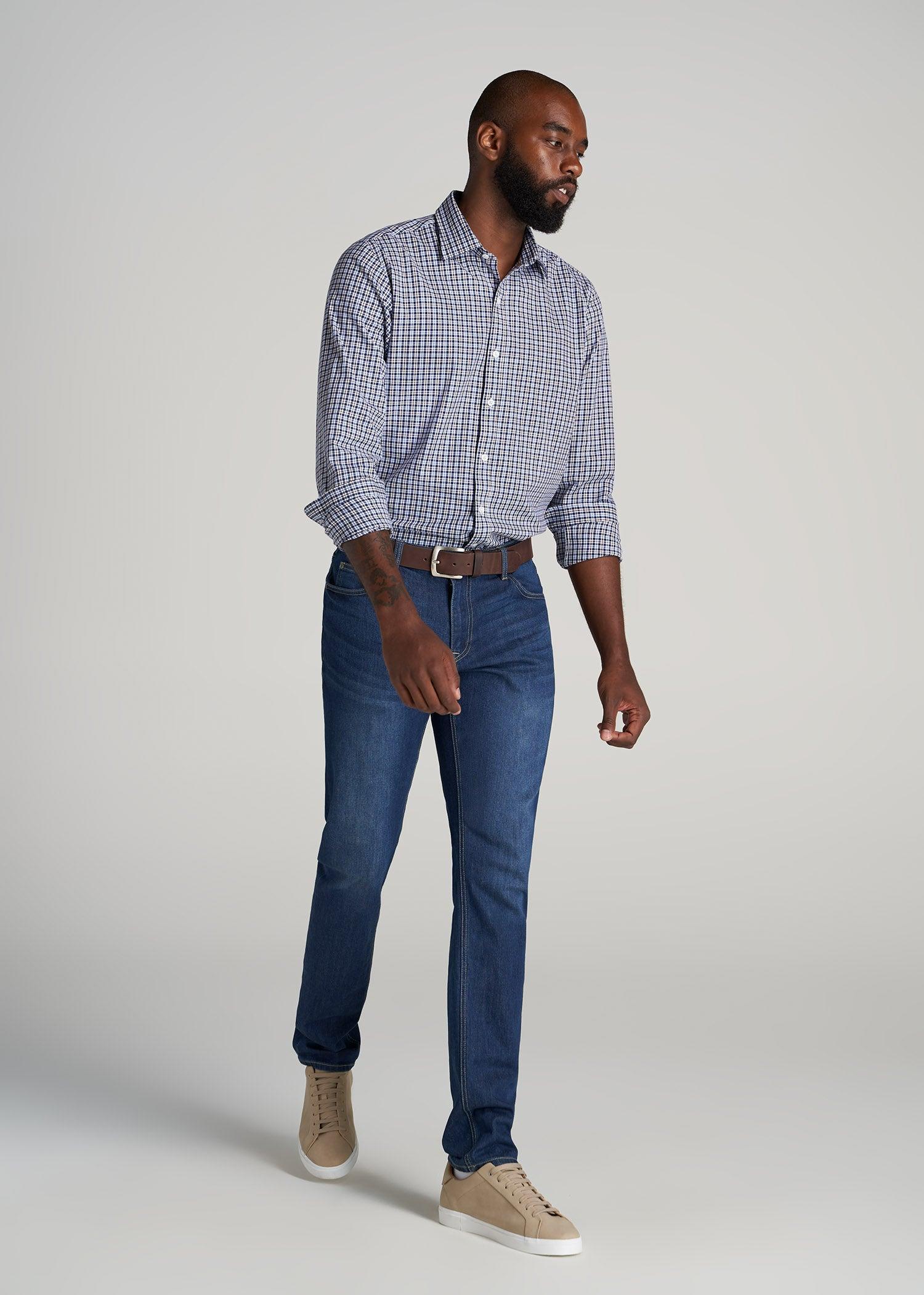 Oskar Button-Up Shirt for Tall Men in Cobalt & Chocolate Brown Micro Plaid Product Image