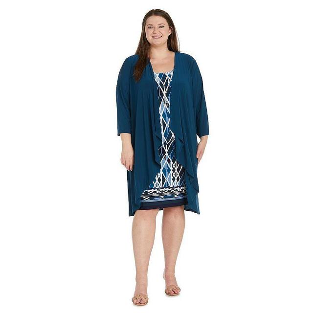 Plus Size R&M Richards Geometric Puff Print Midi Dress & High-Low Hem Cardigan Set, Womens Product Image