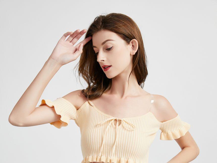 Off Shoulder Ruffled-Trim Tie-Front Cropped Top Product Image