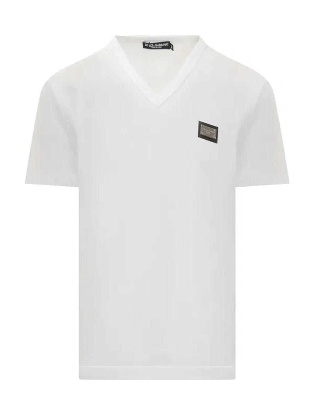 Cotton V-neck T-shirt With Branded Tag In White Product Image