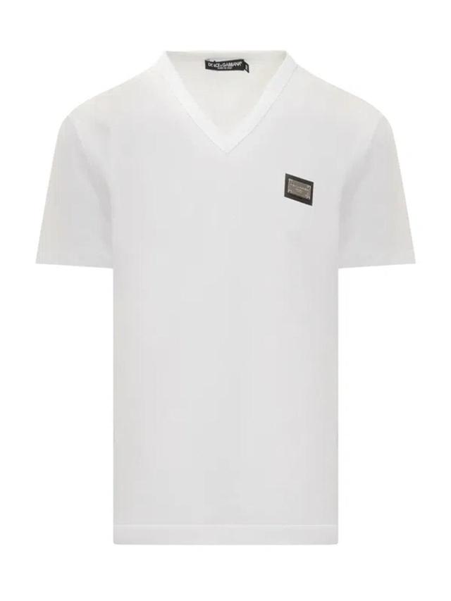 Cotton V-neck T-shirt With Branded Tag In White Product Image