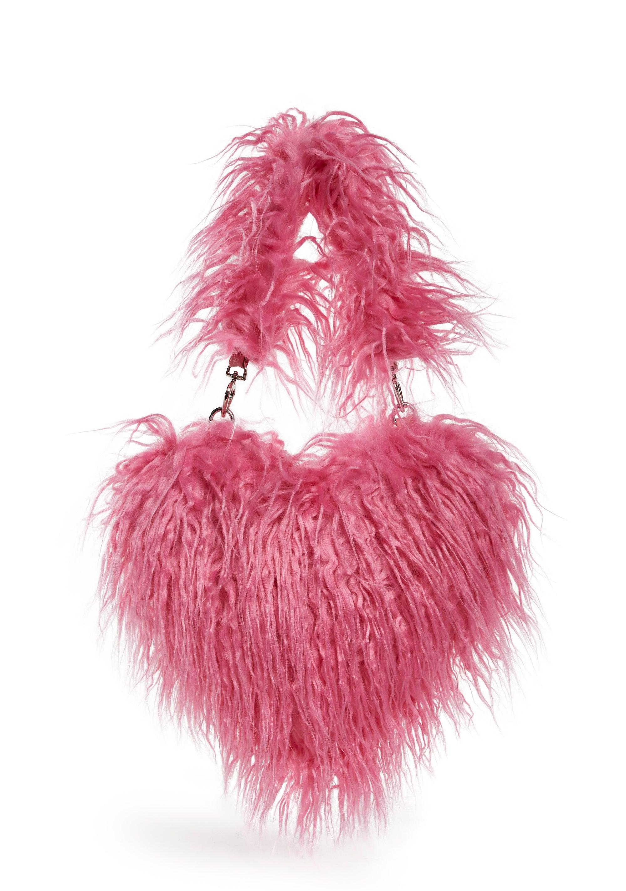 Fuzzy Faux Fur Heart Shoulder Bag - Pink Product Image