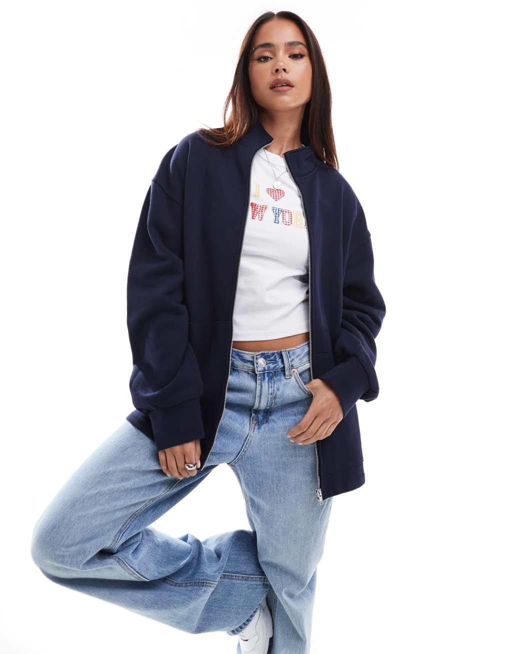 ASOS DESIGN high neck zip up sweatshirt in navy Product Image