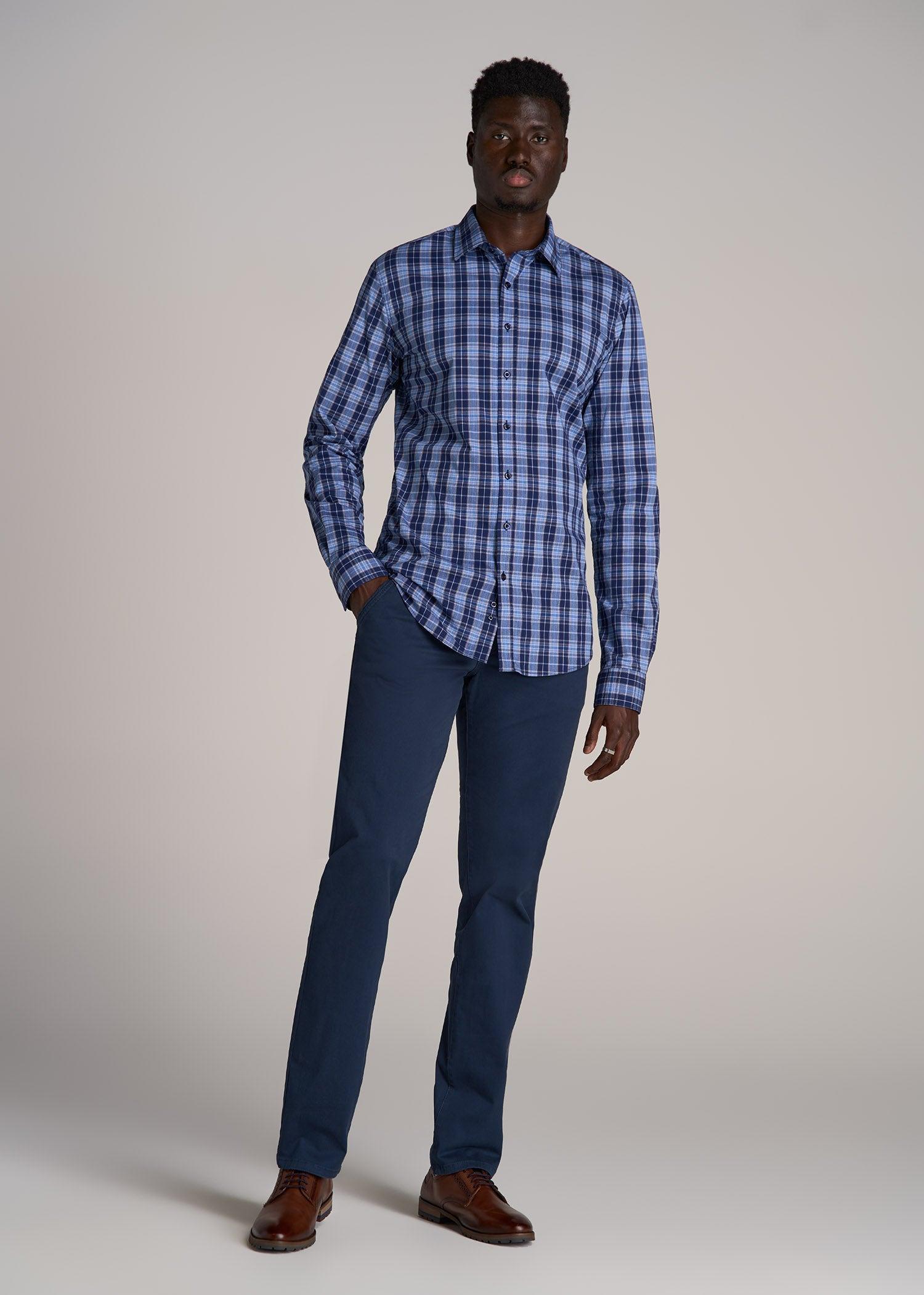 Oskar Button-Up Shirt for Tall Men in Navy Blue Plaid Product Image