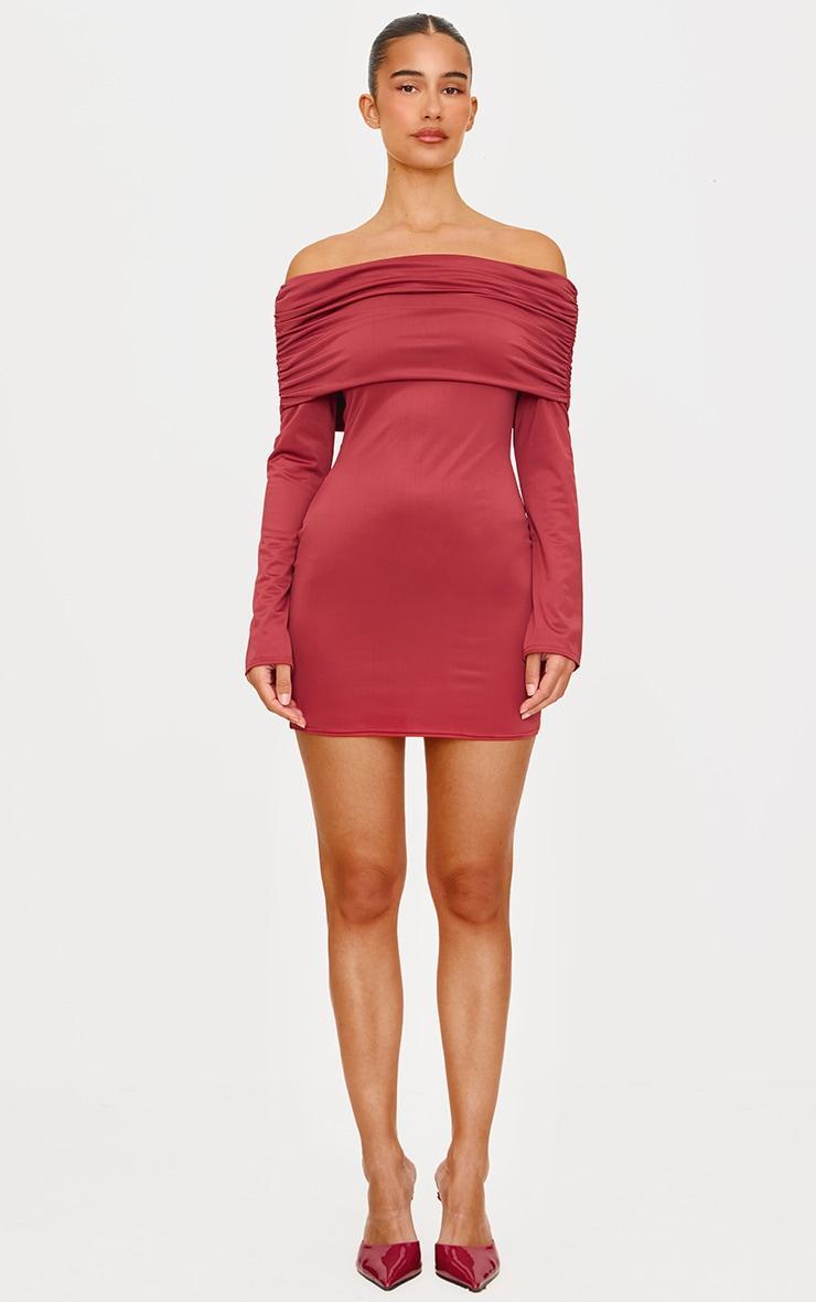 Burgundy Matte Sculpt Double Layer Foldover Bardot Long Sleeve Mini Dress Product Image