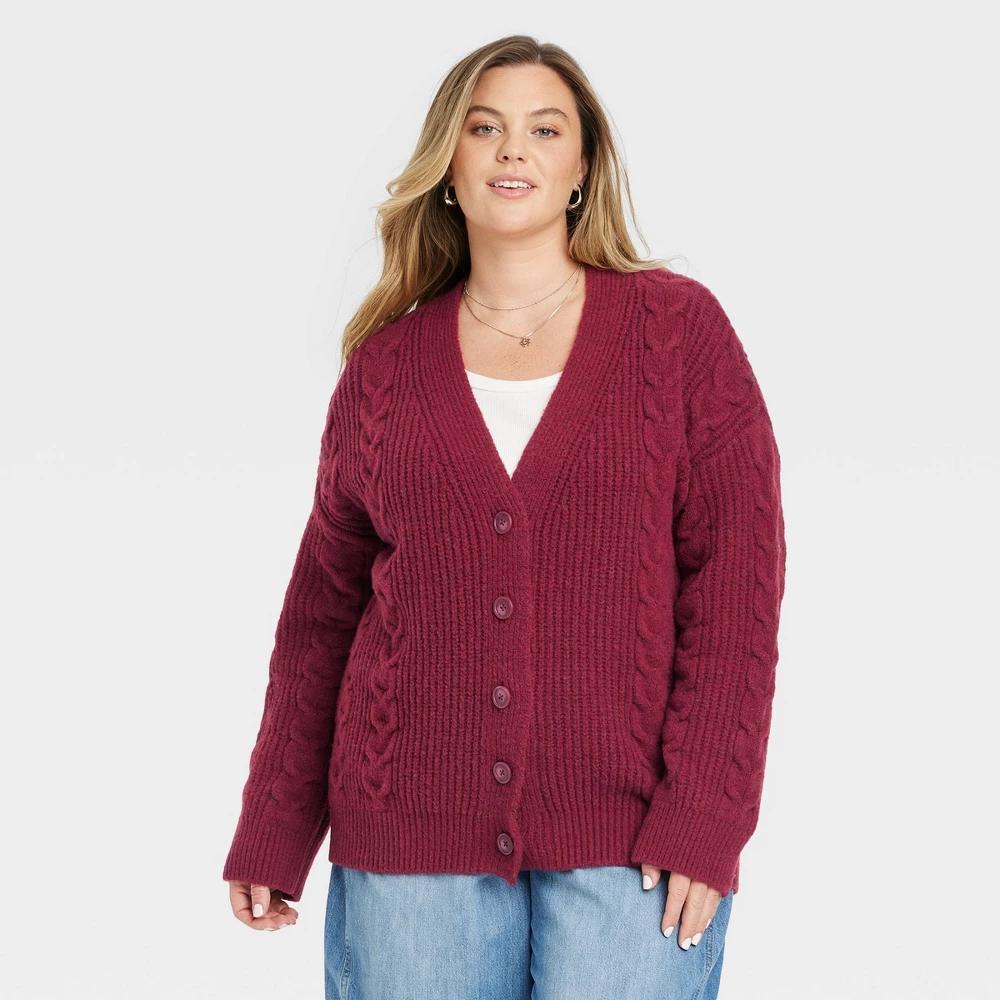 Womens Cozy Knit Cable Stitch Cardigan - Universal Thread Maroon 1X Product Image