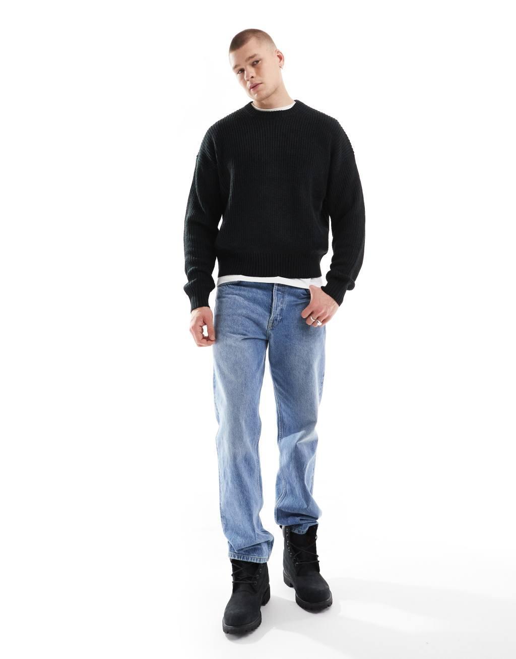 Bershka fisherman ribbed sweater in black Product Image