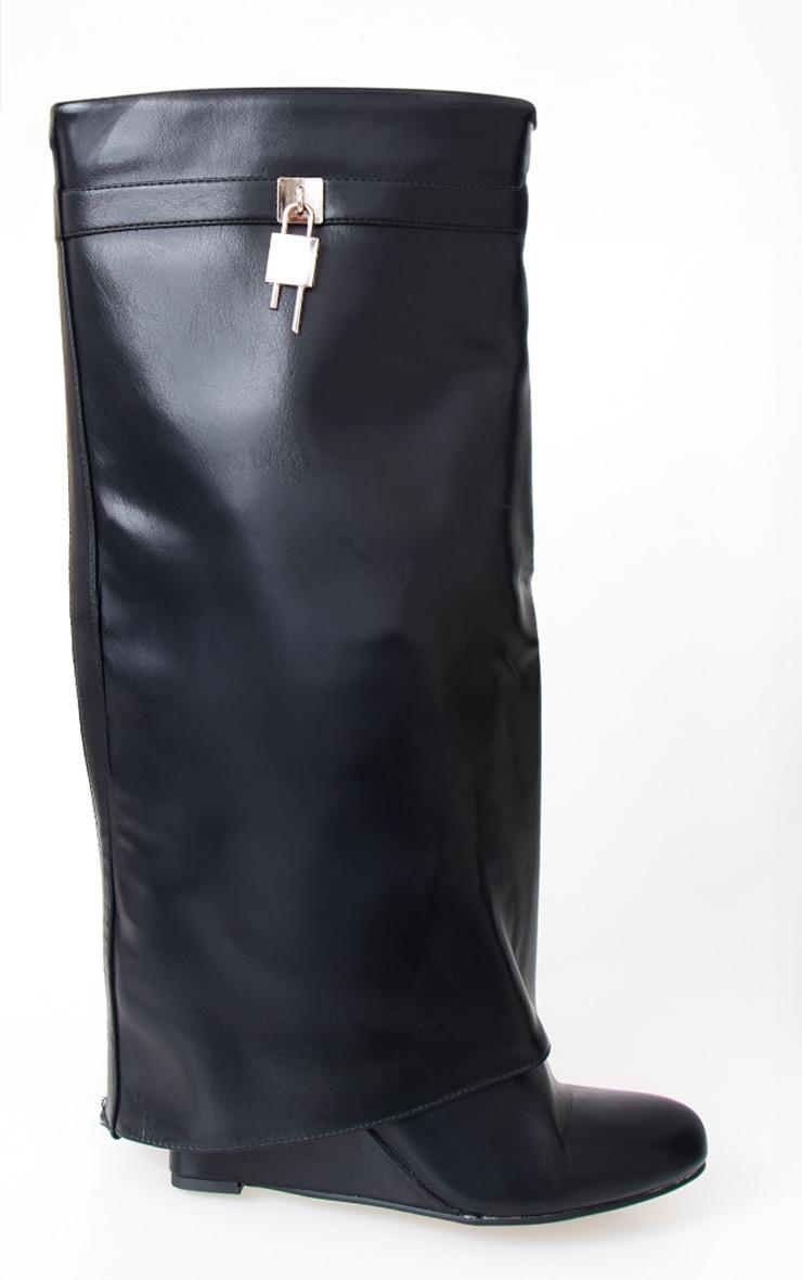 Black PU Point Toe Fold Over Lock Charm Wedge Heeled Knee Boots Product Image