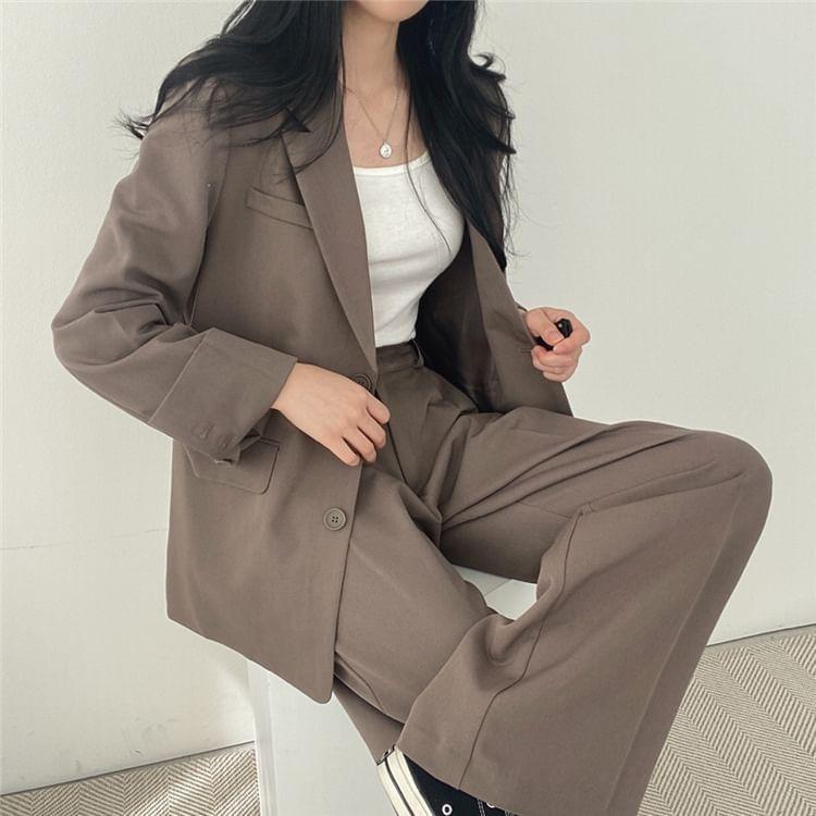 Lapel Collar Plain Single-Breasted Blazer / High Waist Wide Leg Dress Pants Product Image