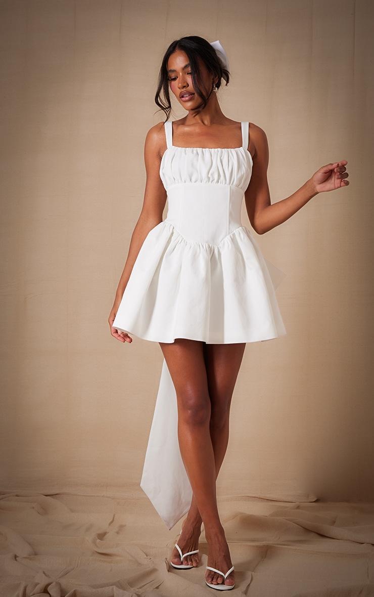 Premium White Woven Bow Detail Mini Dress Product Image