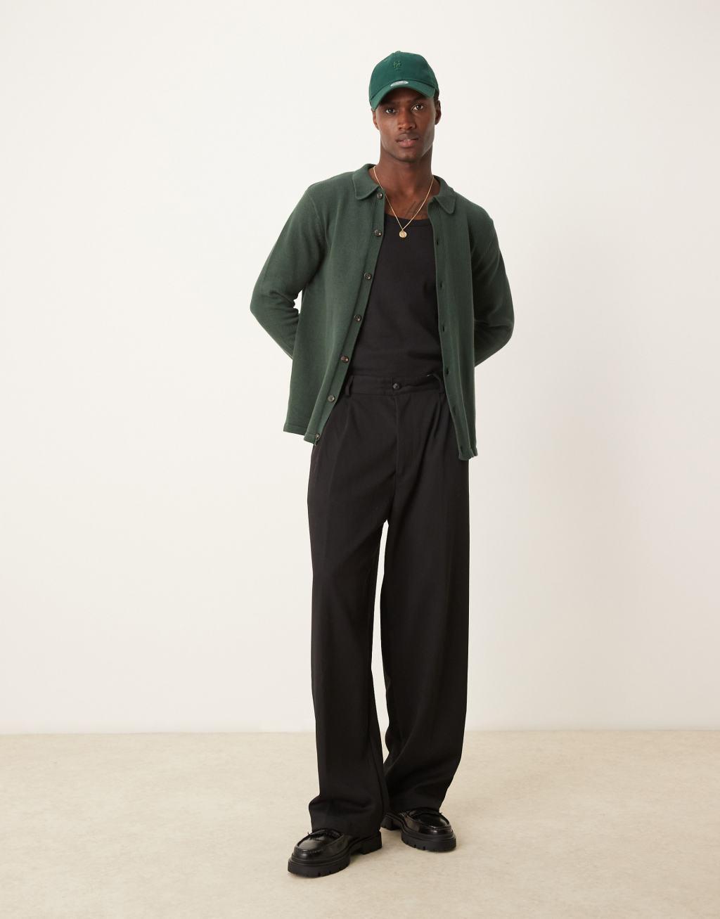 ASOS DESIGN midweight knit button up cardigan in dark green Product Image