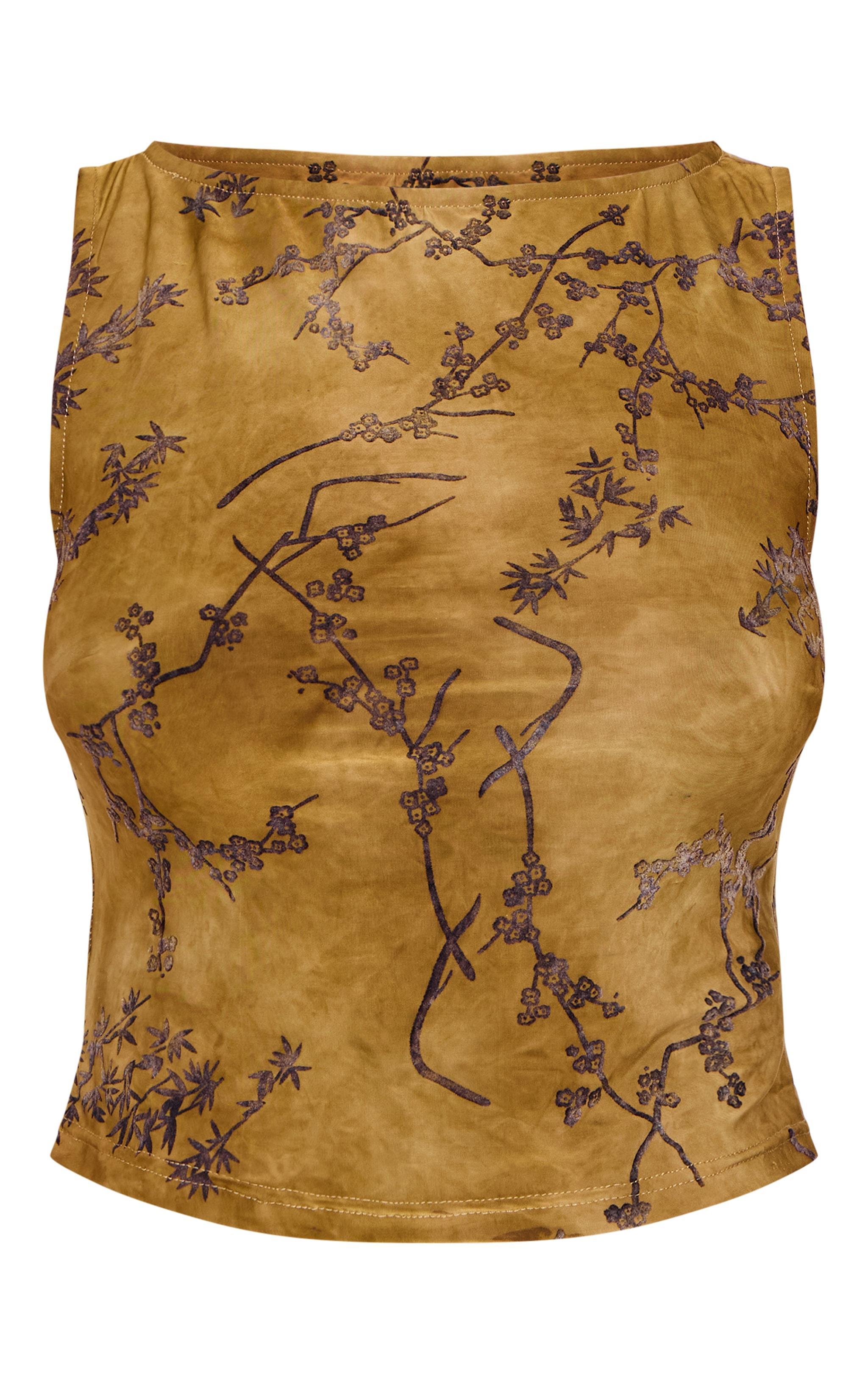 Khaki Floral Print Devore Boat Neck Top Product Image