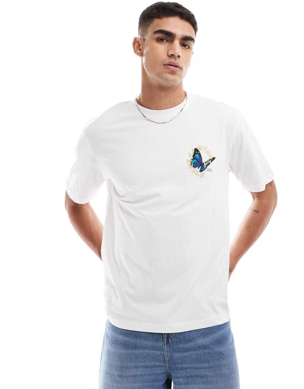 ONLY & SONS relaxed fit T-shirt with butterfly back print in white Product Image